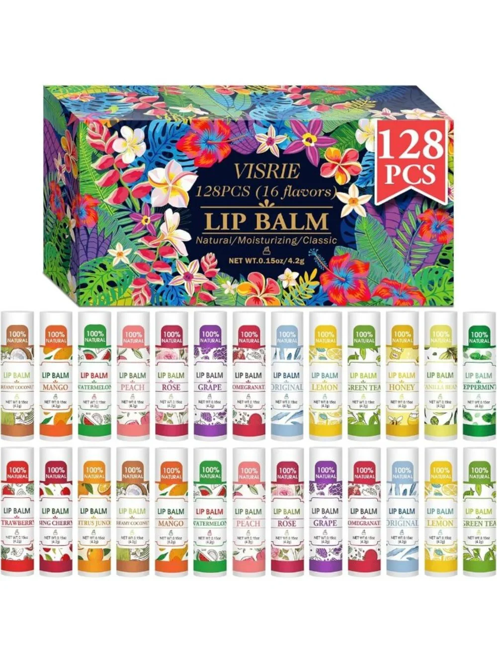 128 Pack Lip Balm Bulk - 16 Flavor Variety, Moisturizing & Hydrating Balm